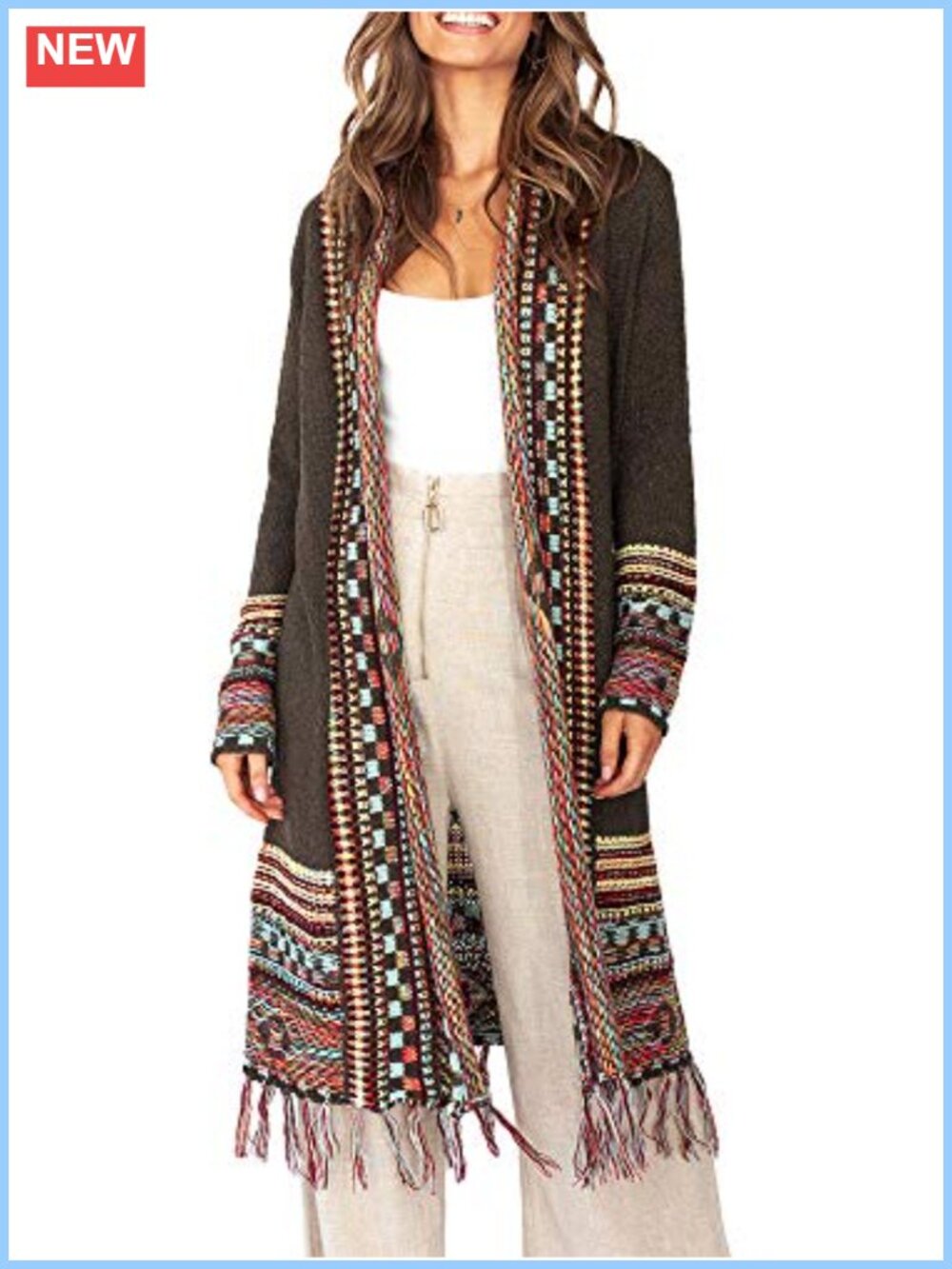 Boho Long Open Front Maxi Cardigan Sweater Aztec Tribal Tassel Fringe Acrylic